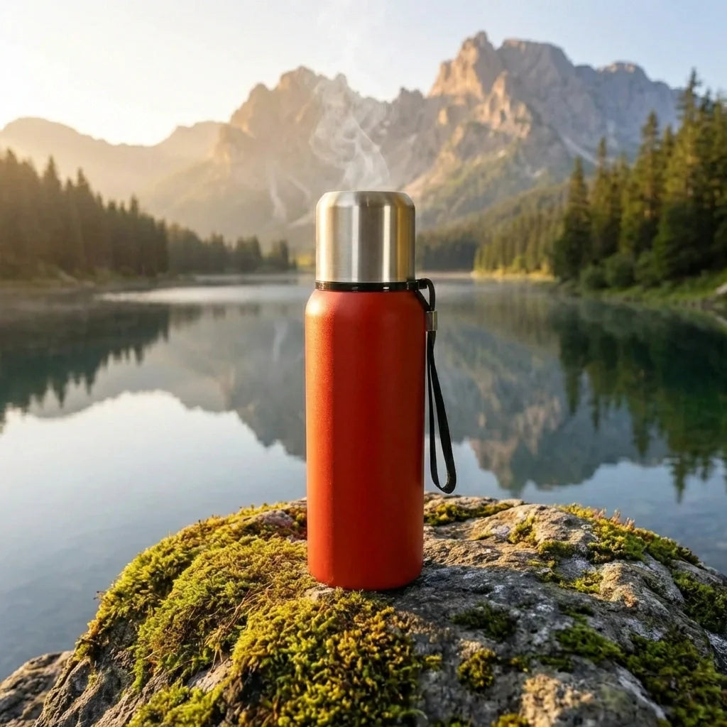 Insulated stainless steel bottle with red body, silver cap, and black carry loop.
