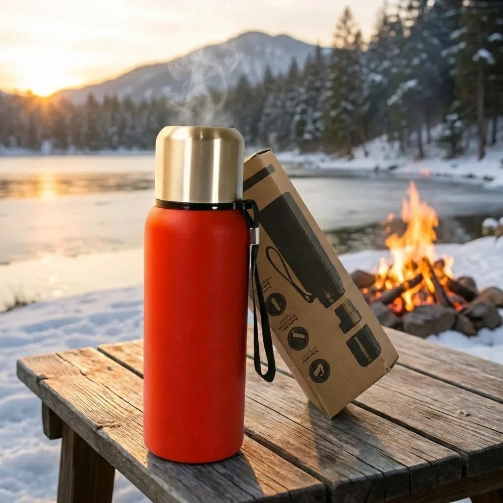 Insulated stainless steel bottle, red body, silver cap with black carry strap.