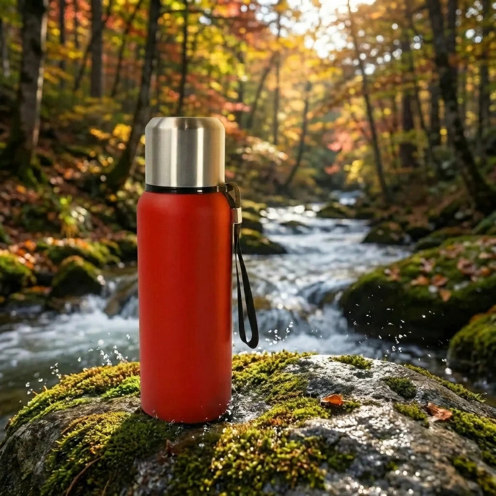 Insulated stainless steel bottle with red body and silver cap, black loop handle.