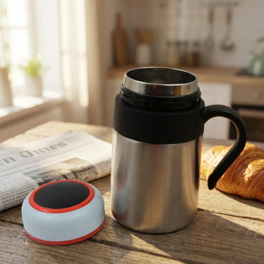 Insulated travel mug bottle with black lid and side handle, stainless steel body.
