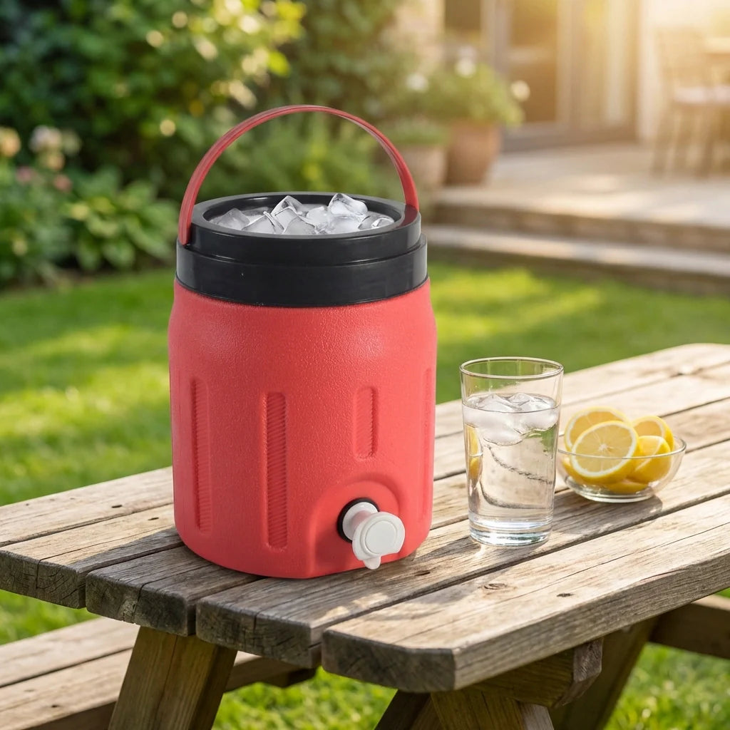 4L insulated water jug with red body, black lid and handle, front spigot