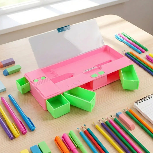 Jumbo pencil box opened with pink lid and green tray compartments