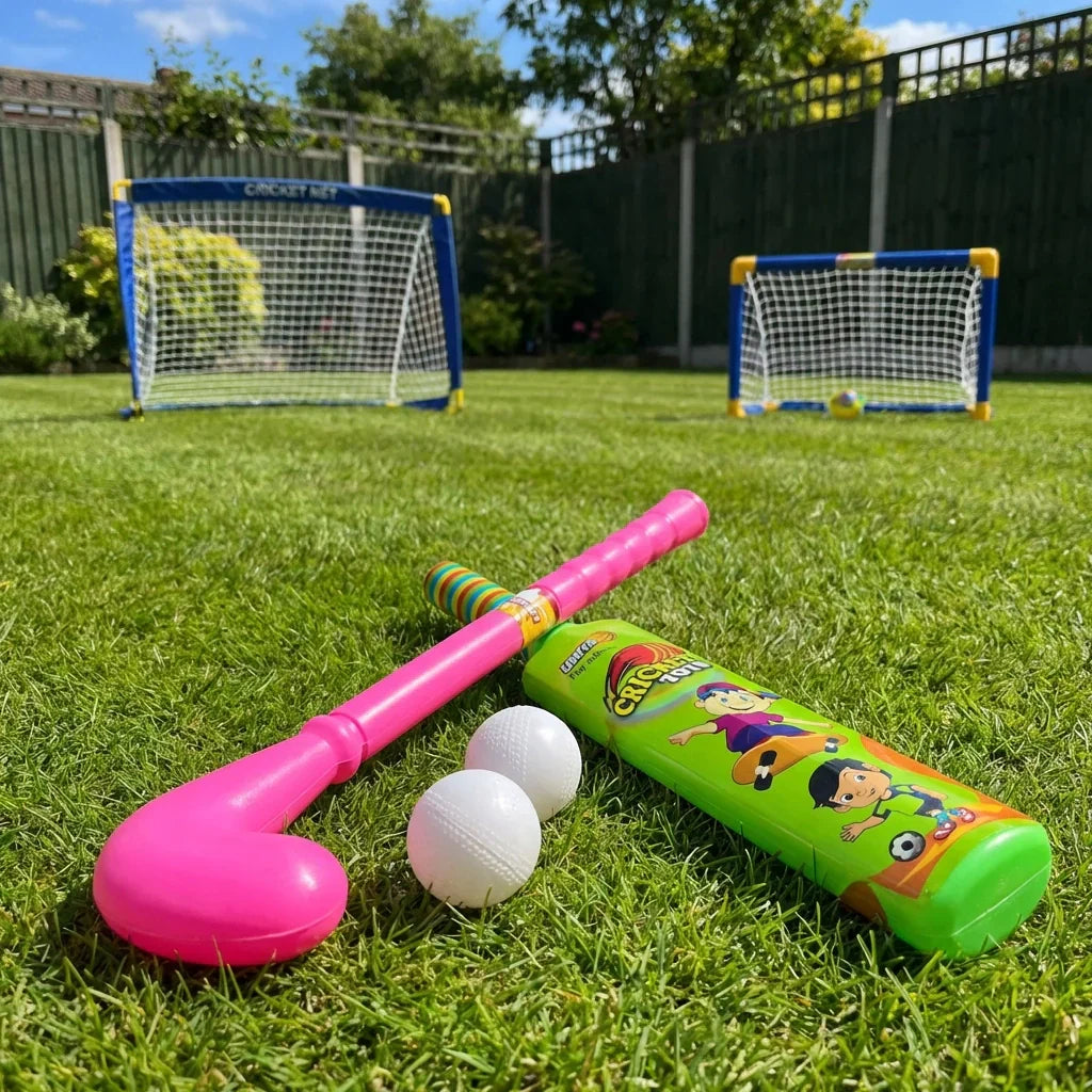 Kids bat-and-ball hockey set with pink bat and white ball