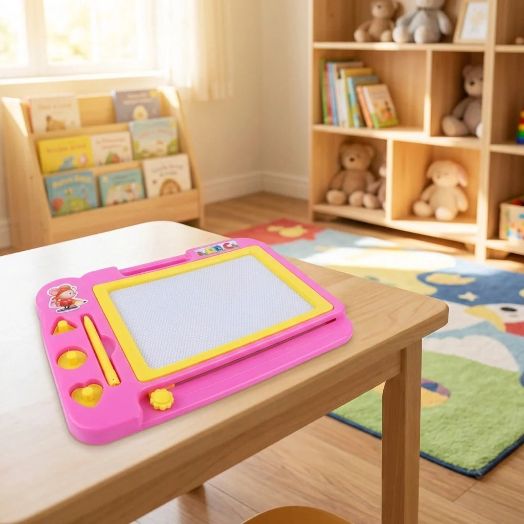 Kids magnetic drawing board, purple frame with yellow stylus and writing screen