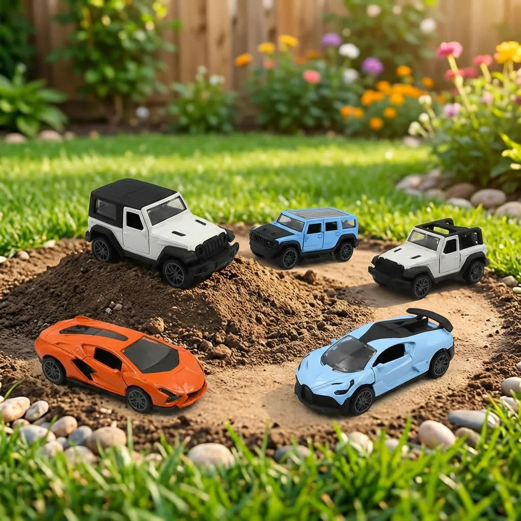 Mini pull car toys in orange and light blue with white vehicles