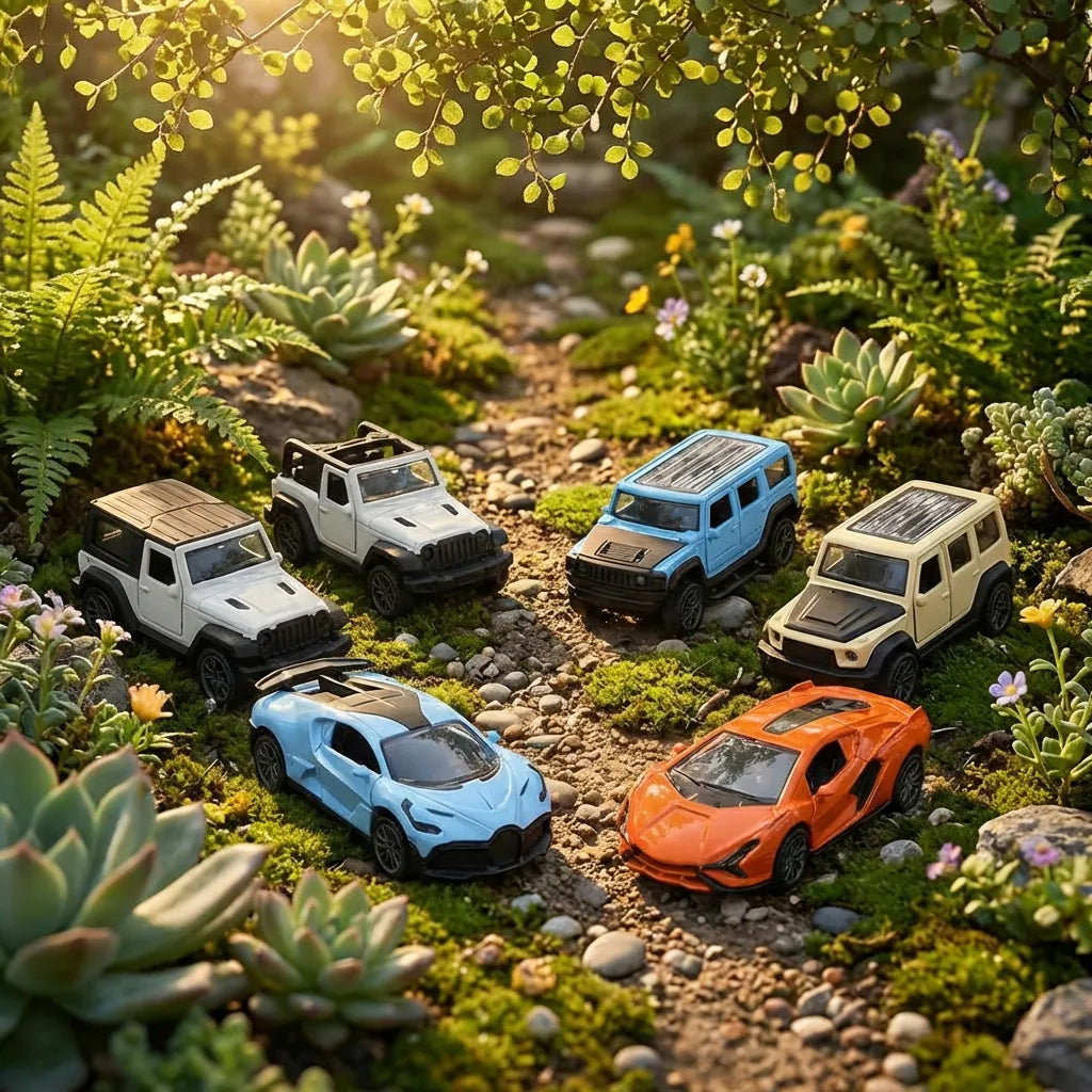 Mini pull car toys in white, light blue, blue, and orange