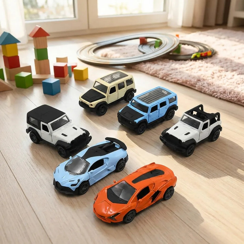 Kids mini pull car toys in white, light blue, and orange on a floor