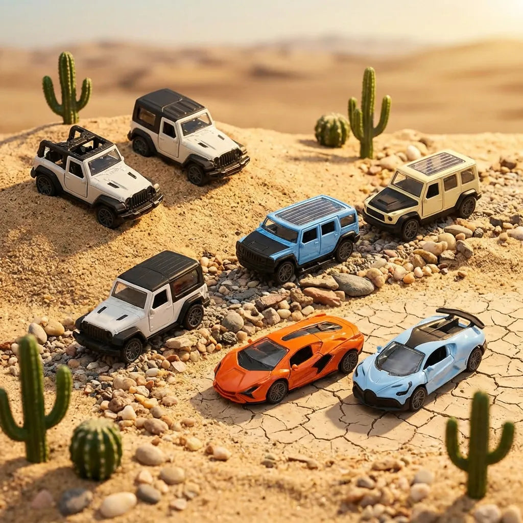 Mini pull car toys in white, blue, and orange with black tires