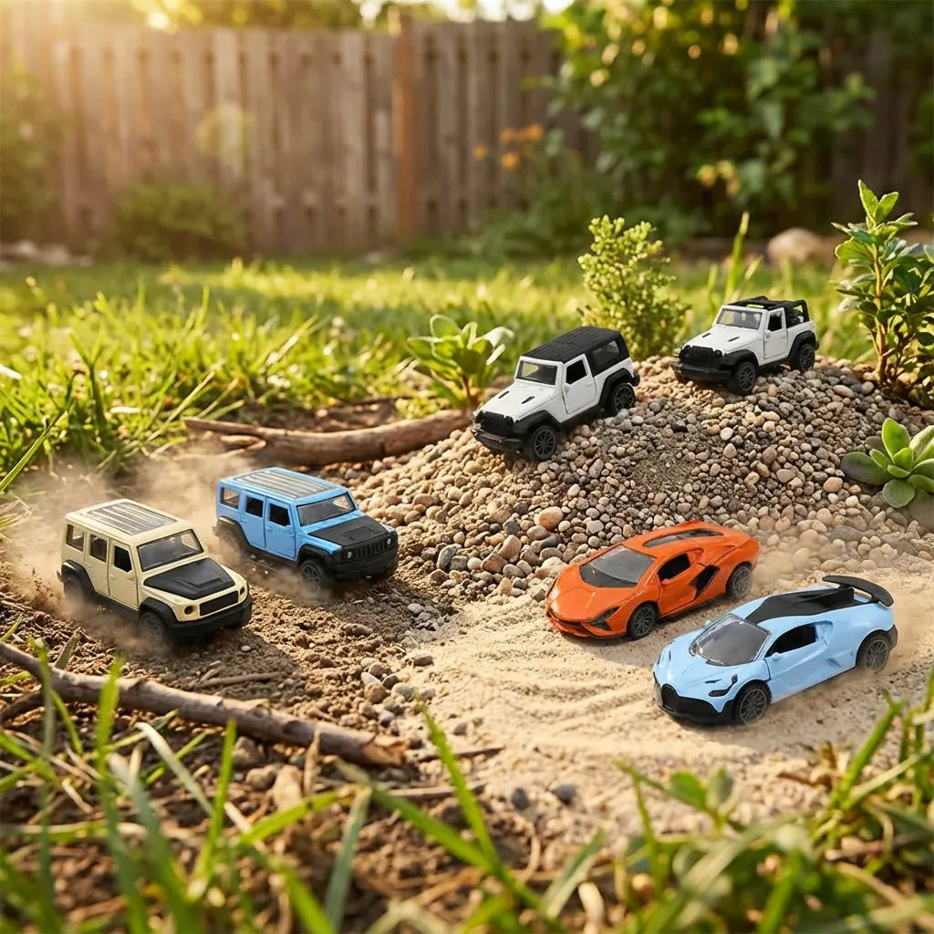 Mini pull car toys in white, light blue, and orange with black details