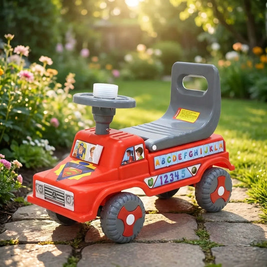 Kids red ride-on push car with gray handle and number decals