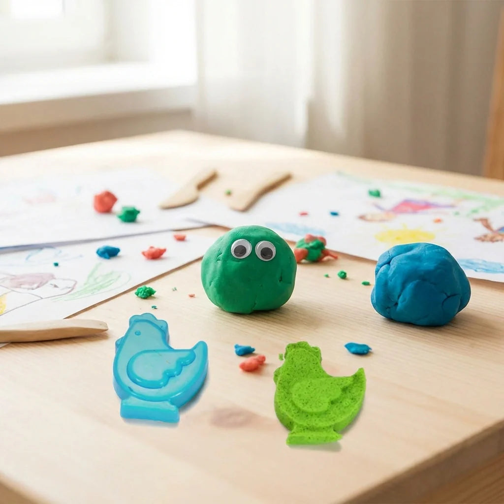 Kinetic sand kit with molded green and blue sand pieces on a wooden base