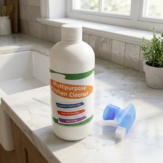 Multipurpose kitchen cleaner bottle with spray nozzle and blue trigger sprayer