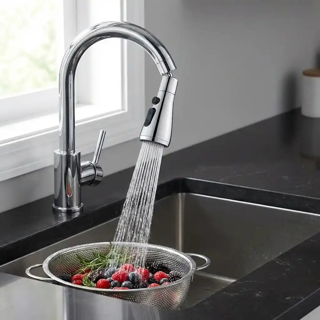 Chrome kitchen faucet sprayer with handheld head spraying into a colander