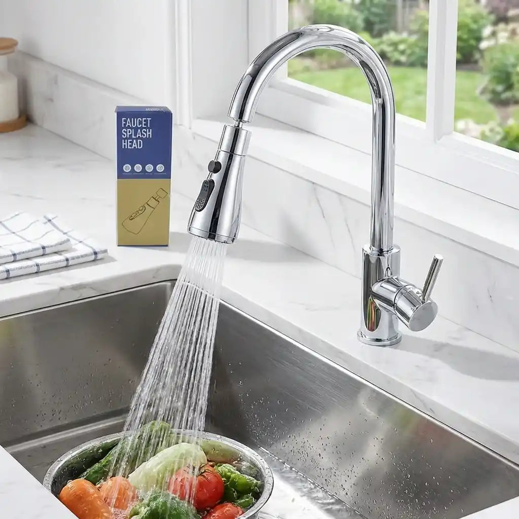 Chrome kitchen faucet sprayer with wide fan spray over a sink colander
