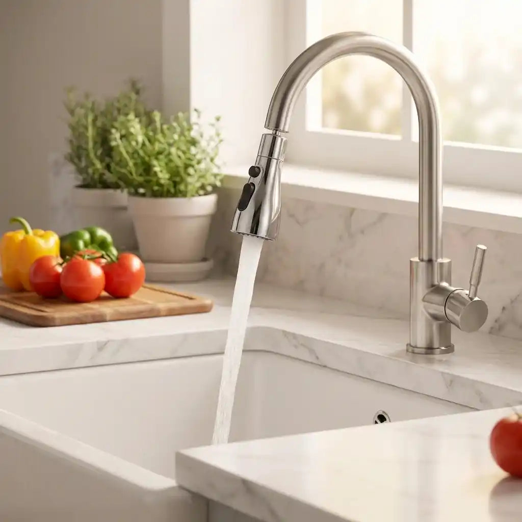 Chrome kitchen faucet sprayer with vertical stream over the sink