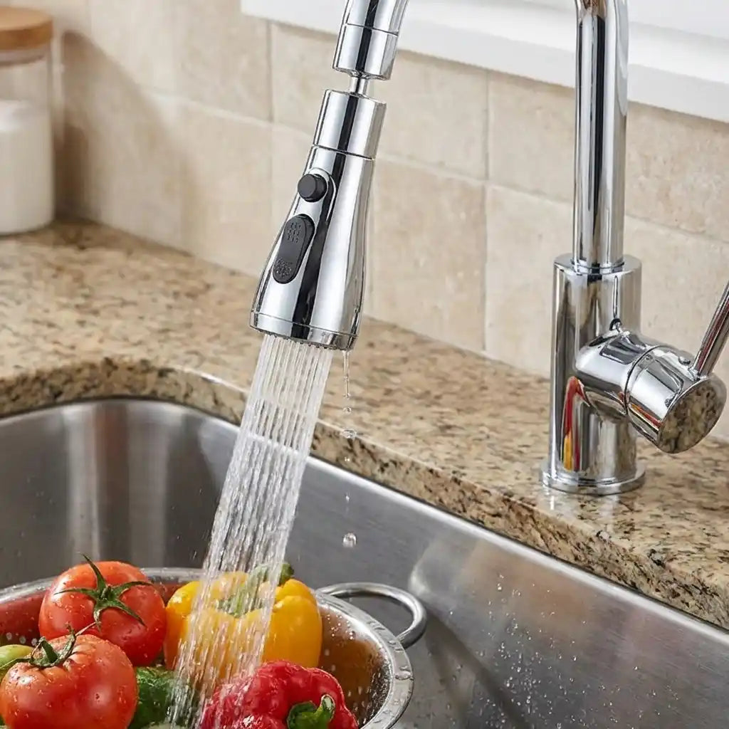 Chrome kitchen faucet sprayer head spraying into a metal sink basin