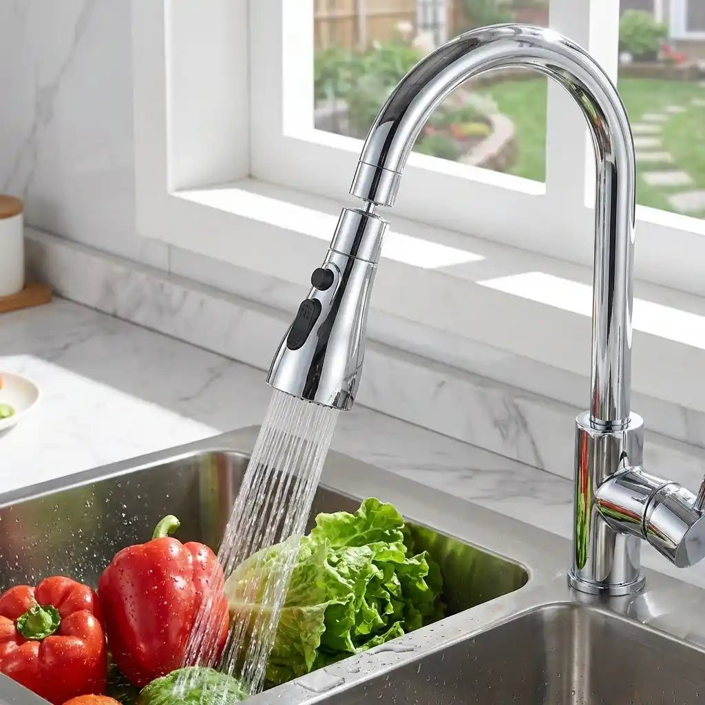 Chrome faucet sprayer streaming over vegetables in a sink basin