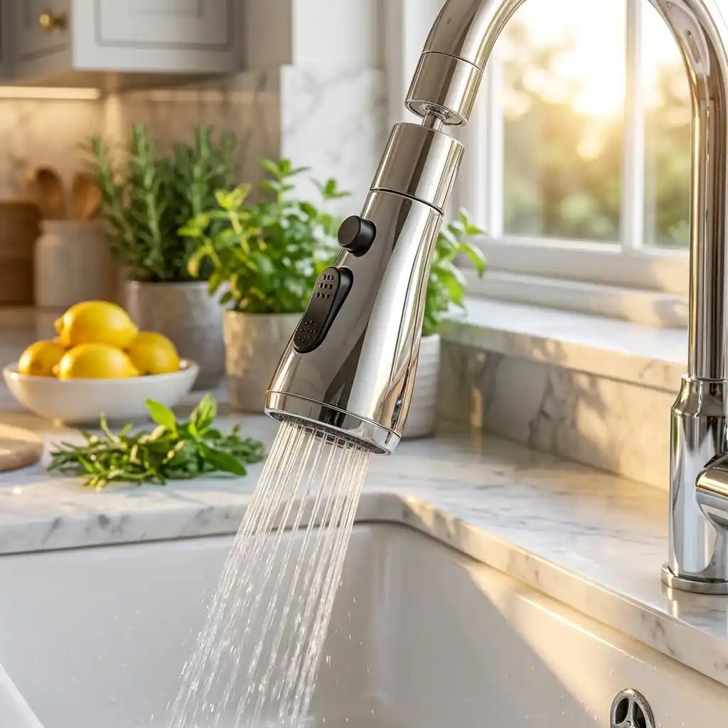 Chrome faucet sprayer head with button controls producing a strong fan-shaped stream