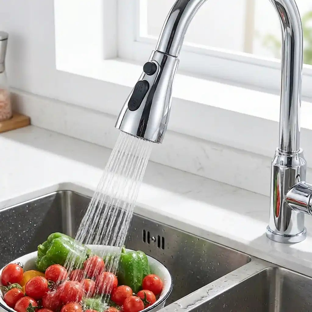 Chrome faucet sprayer head spraying into a sink basin with a dense stream
