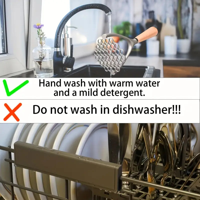 Kitchen Tools Wooden Handle Square Stainless Steel Potato Masher (1 Pc) - Home &