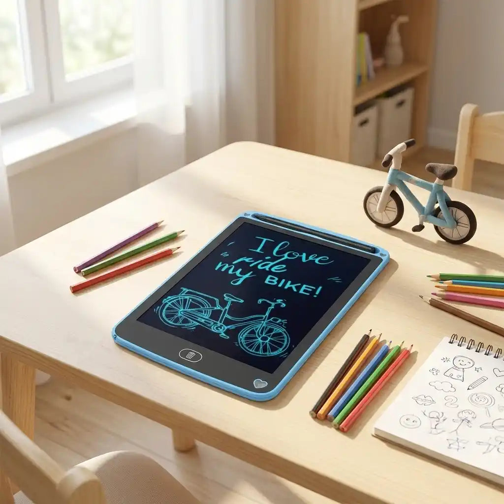 Blue LCD writing tablet with teal "ride my bike" message and bike sketch