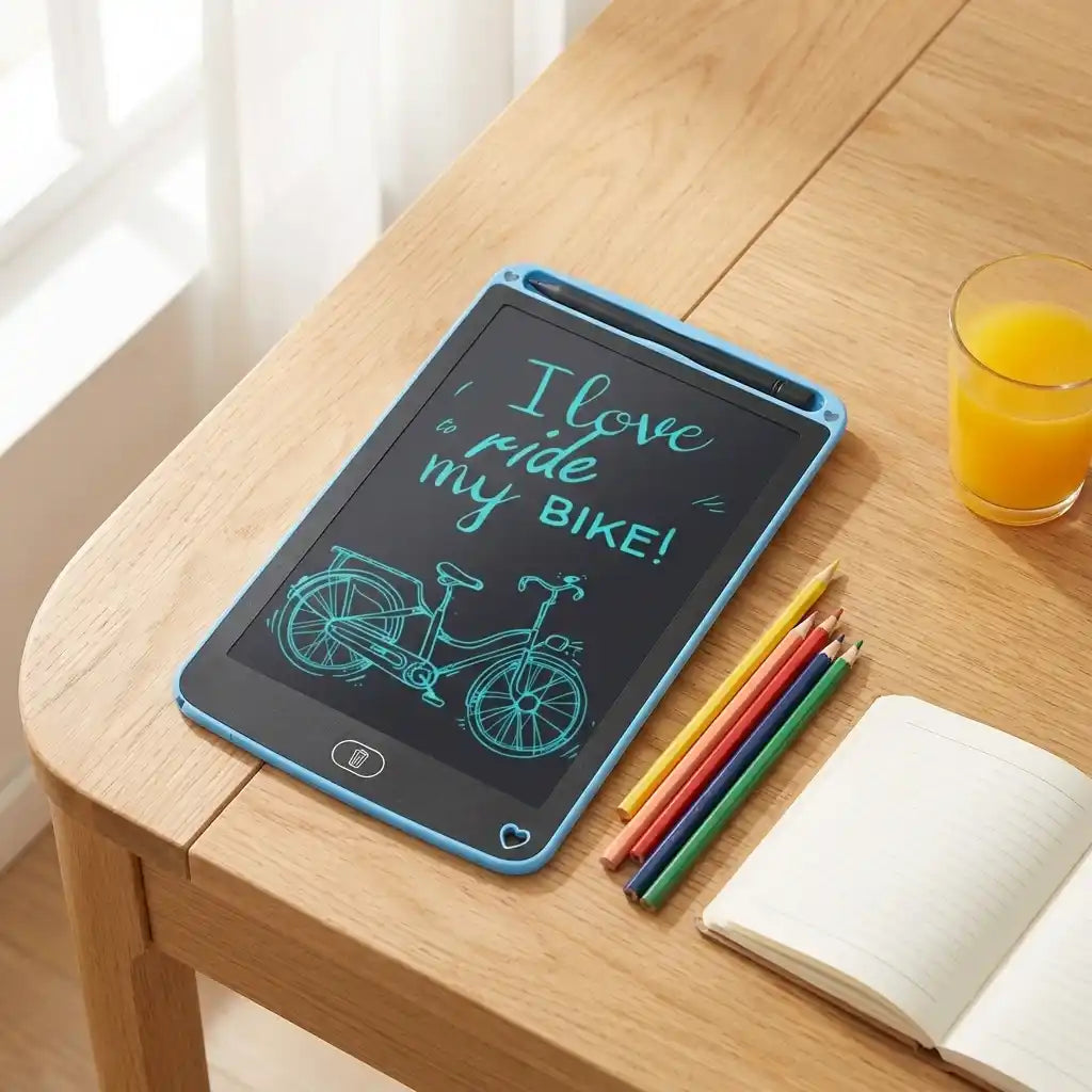 Blue LCD writing tablet with teal bike doodles and text on black screen