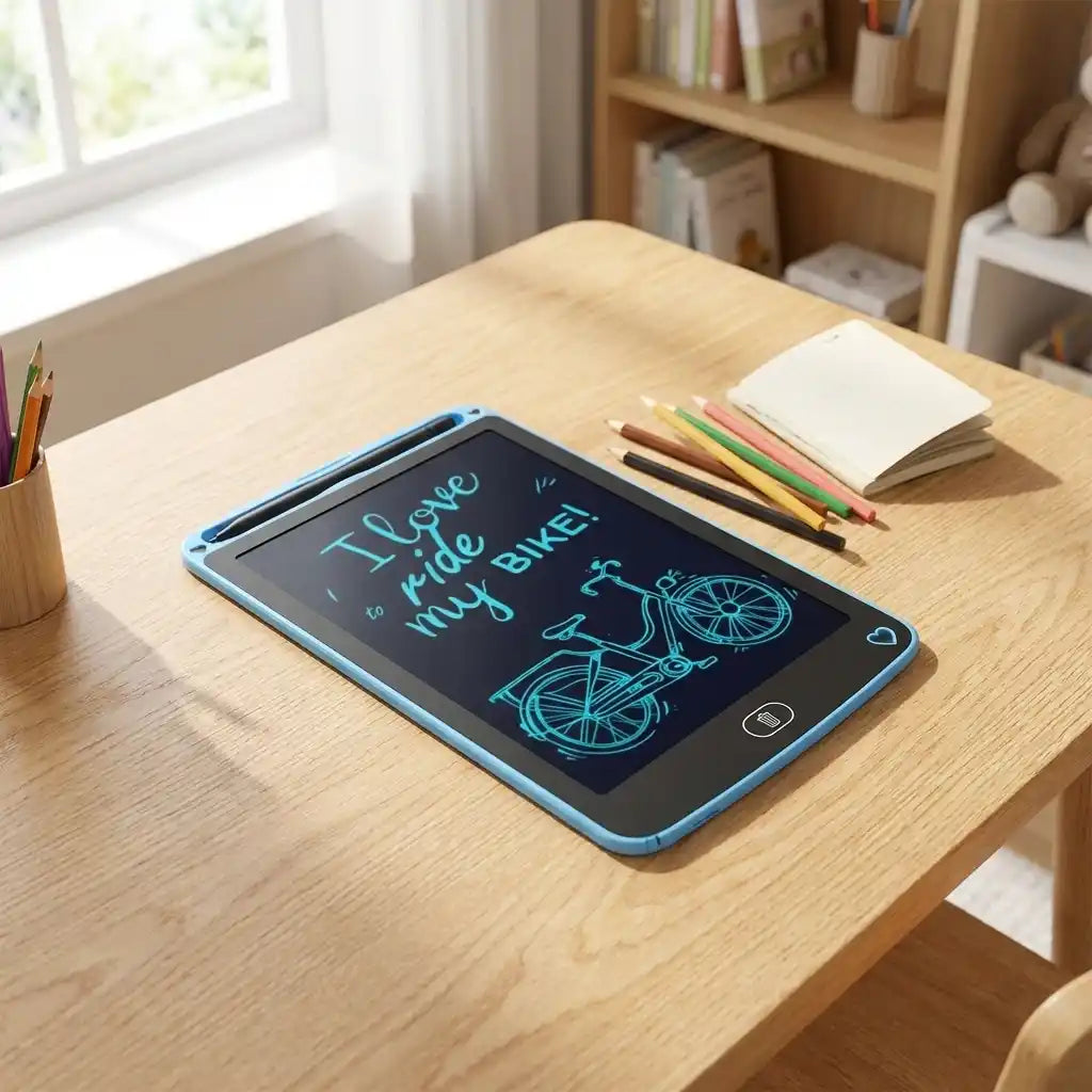 Blue LCD writing tablet with teal bike illustration on black screen and pencils nearby