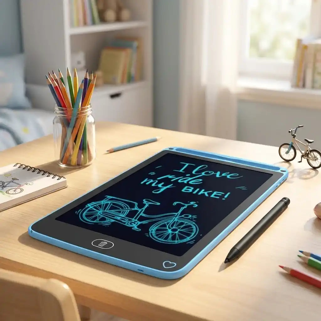 Blue LCD writing tablet with bike drawing, teal notes, and stylus on desk