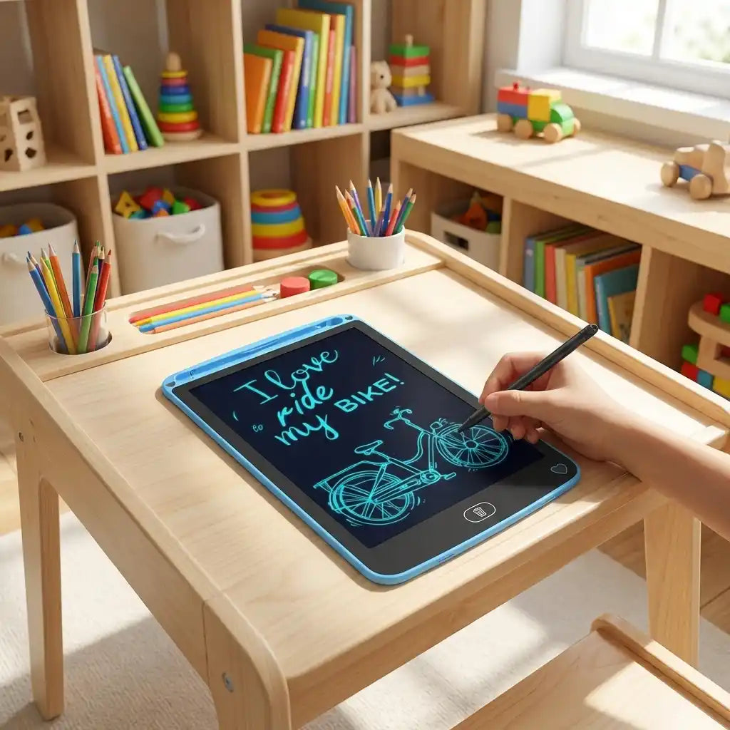 Blue LCD writing tablet on table with teal bike sketch and handwritten-style text
