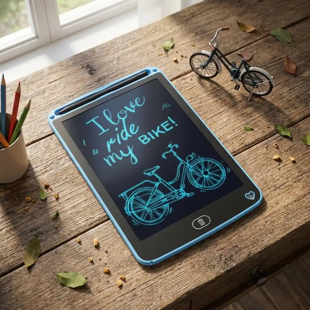 Blue LCD writing tablet with teal bike doodles on dark screen and stylus