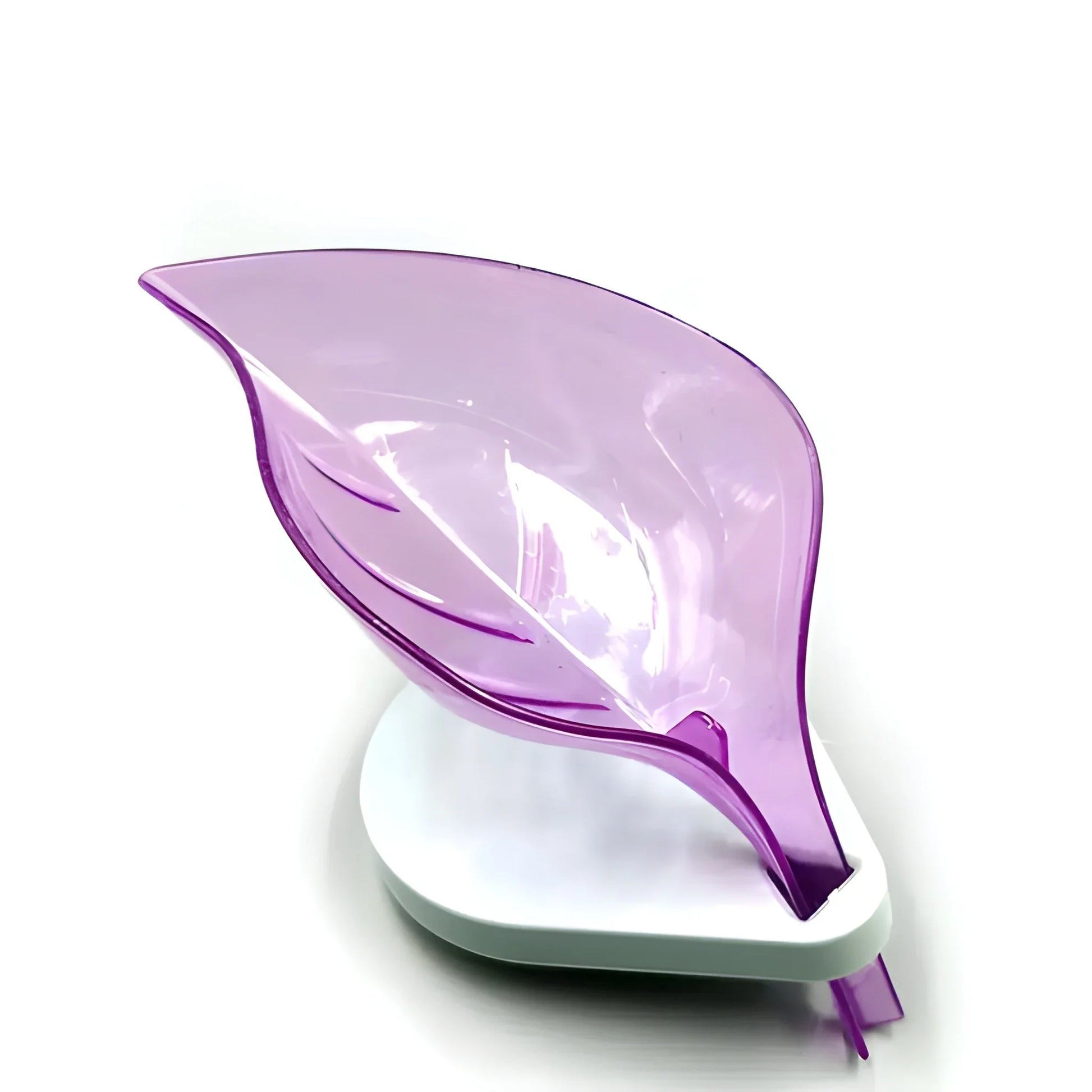 Leaf-shaped self-draining soap tray with purple shell and white base