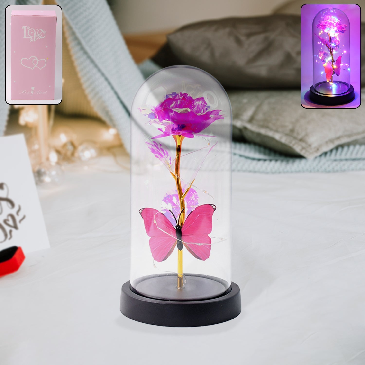 Best led decorative rose with butterfly in transparent plastic dome (1 pc battery not included) - 2025 | fast shipping