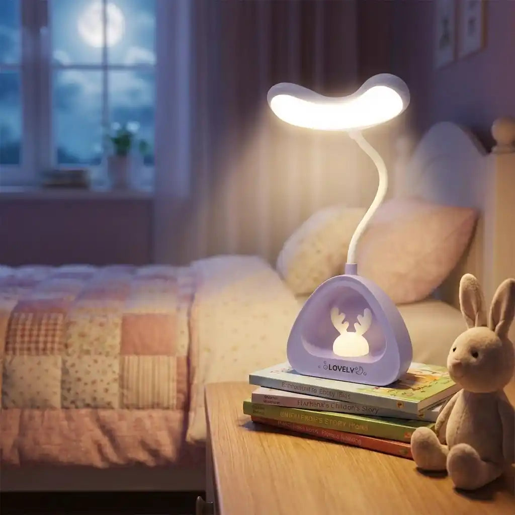 LED desk reading lamp on nightstand, purple triangular base and glowing white head