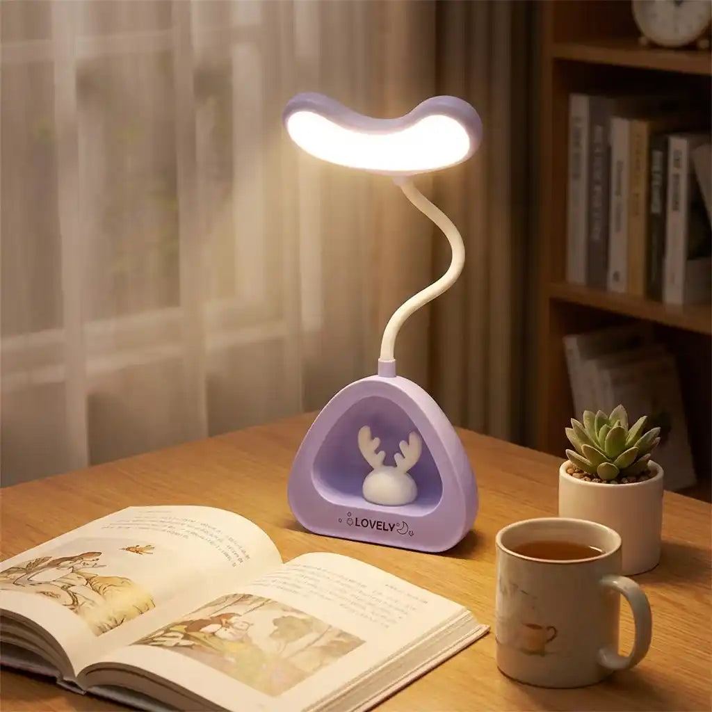 LED desk reading lamp, purple triangular base with bunny icon and lit white neck