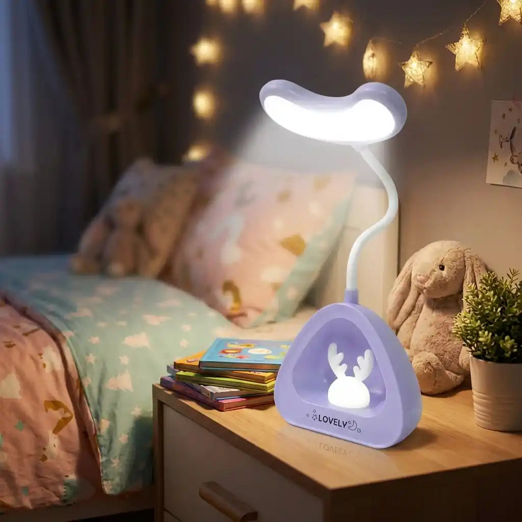 LED desk reading lamp, purple base with bunny silhouette, lit white curved neck