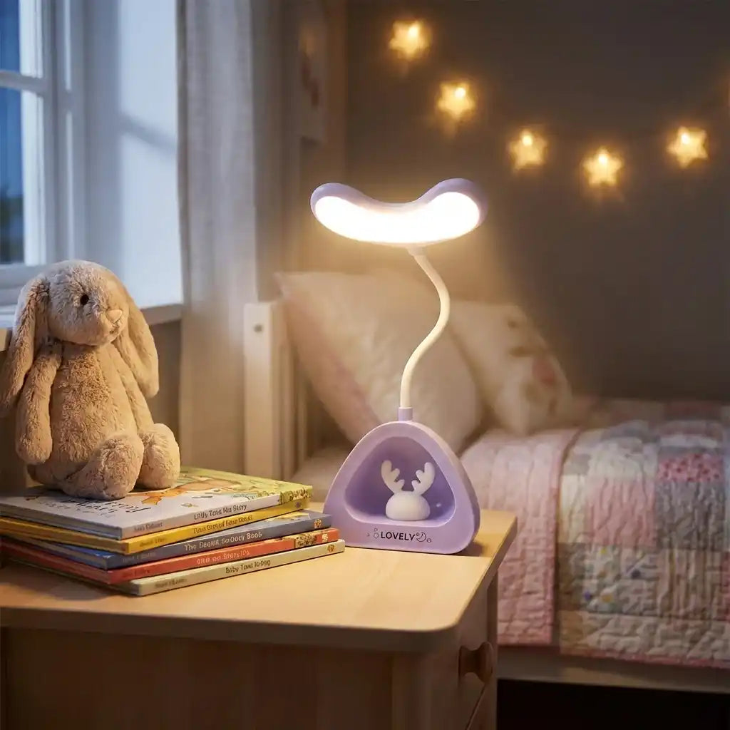 LED desk reading lamp with purple triangular base and glowing white wavy light