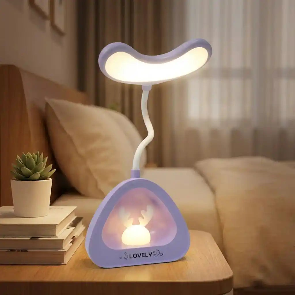 LED desk reading lamp with purple triangular diffuser and warm glowing white light