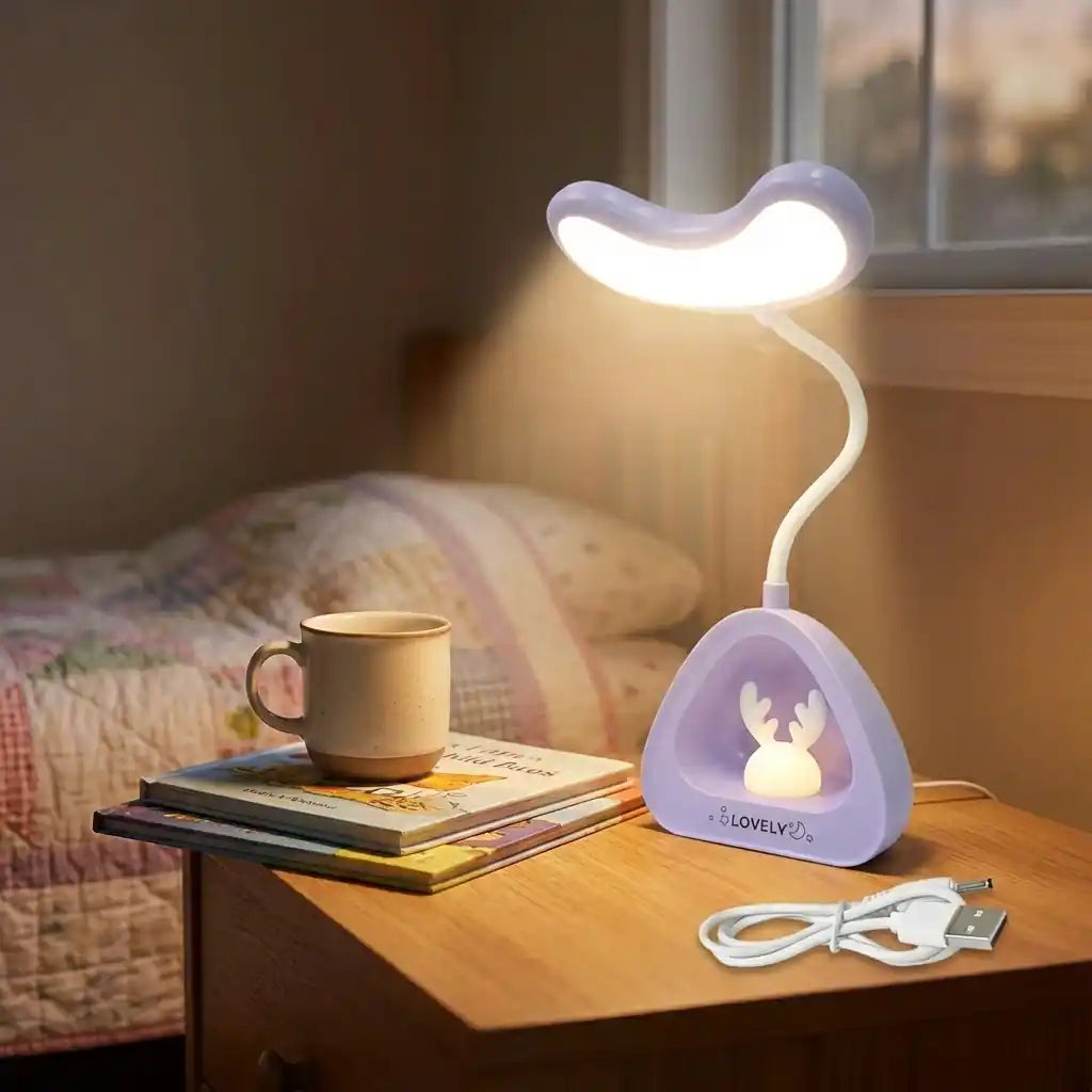 LED desk reading lamp with purple base; includes white USB charging cable