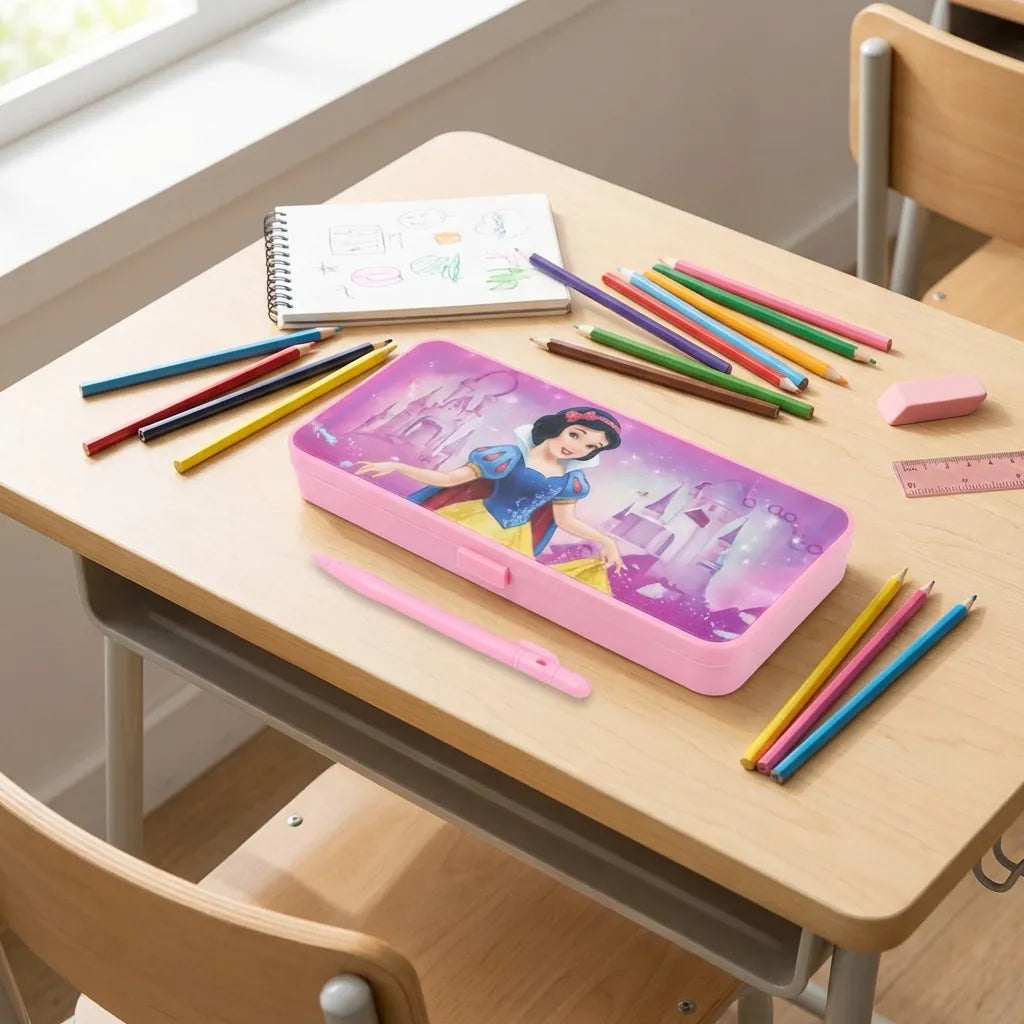 Pink LED drawing pen case with purple trim, closed lid featuring character artwork