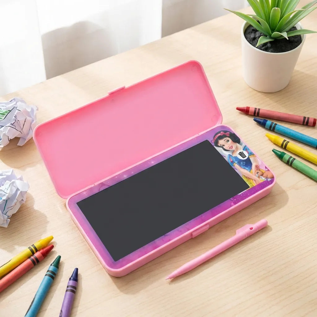 Pink LED drawing pen case with purple border, open lid and large black writing panel