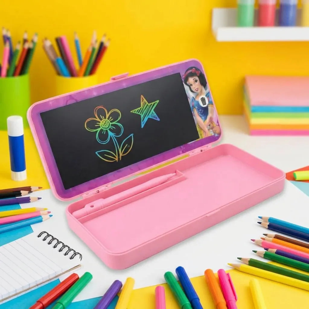 Pink LED drawing pen case open, purple trim and black writing panel with flower/star doodles