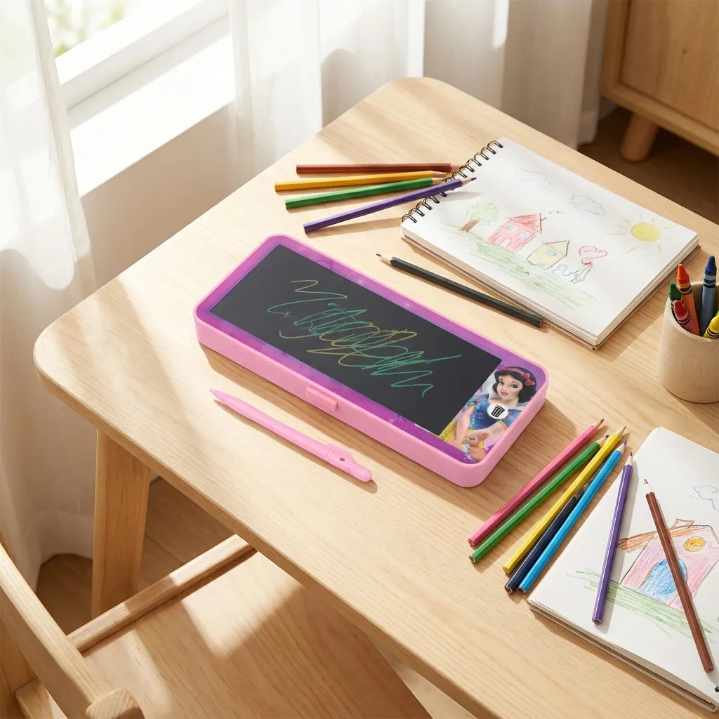 Pink LED drawing pen case open on desk, purple-edged black writing panel with scribbles