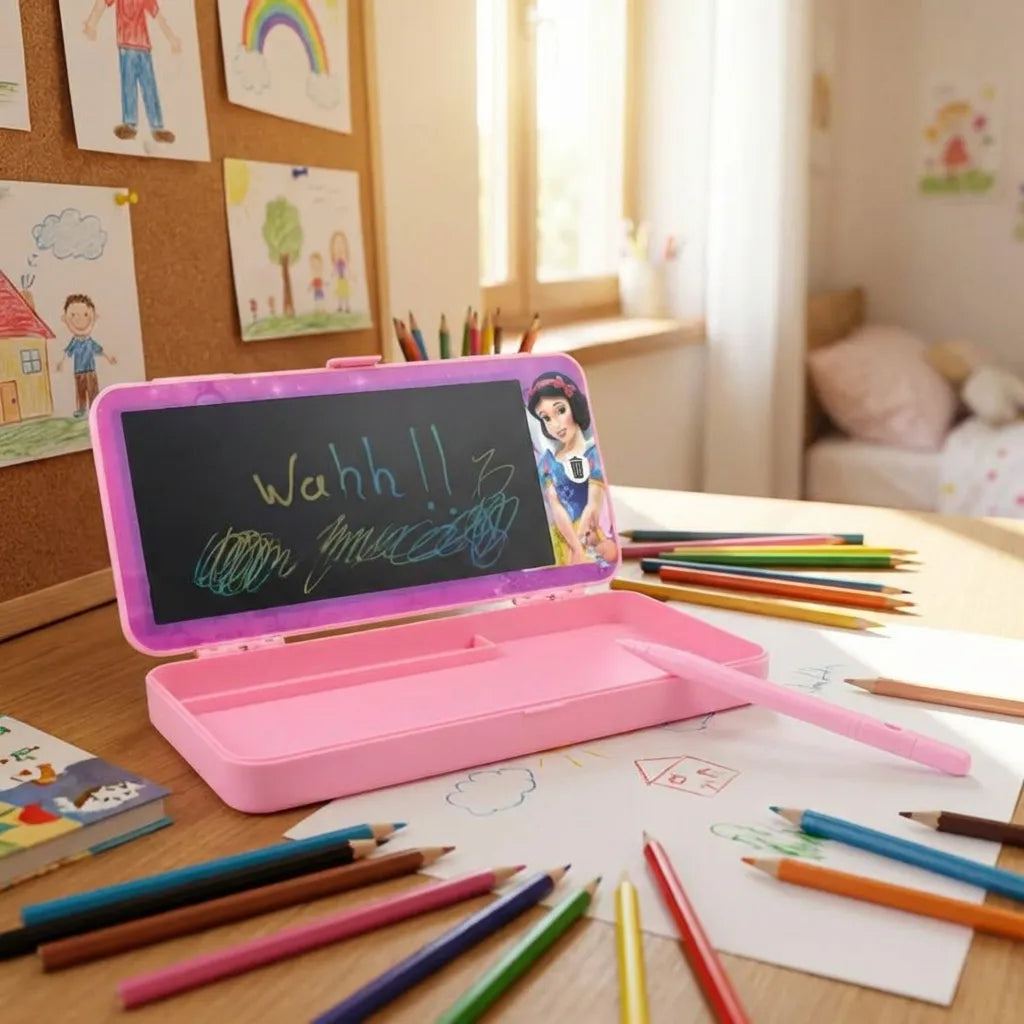 Pink LED drawing pen case open, black writing panel with colorful doodle writing and pens