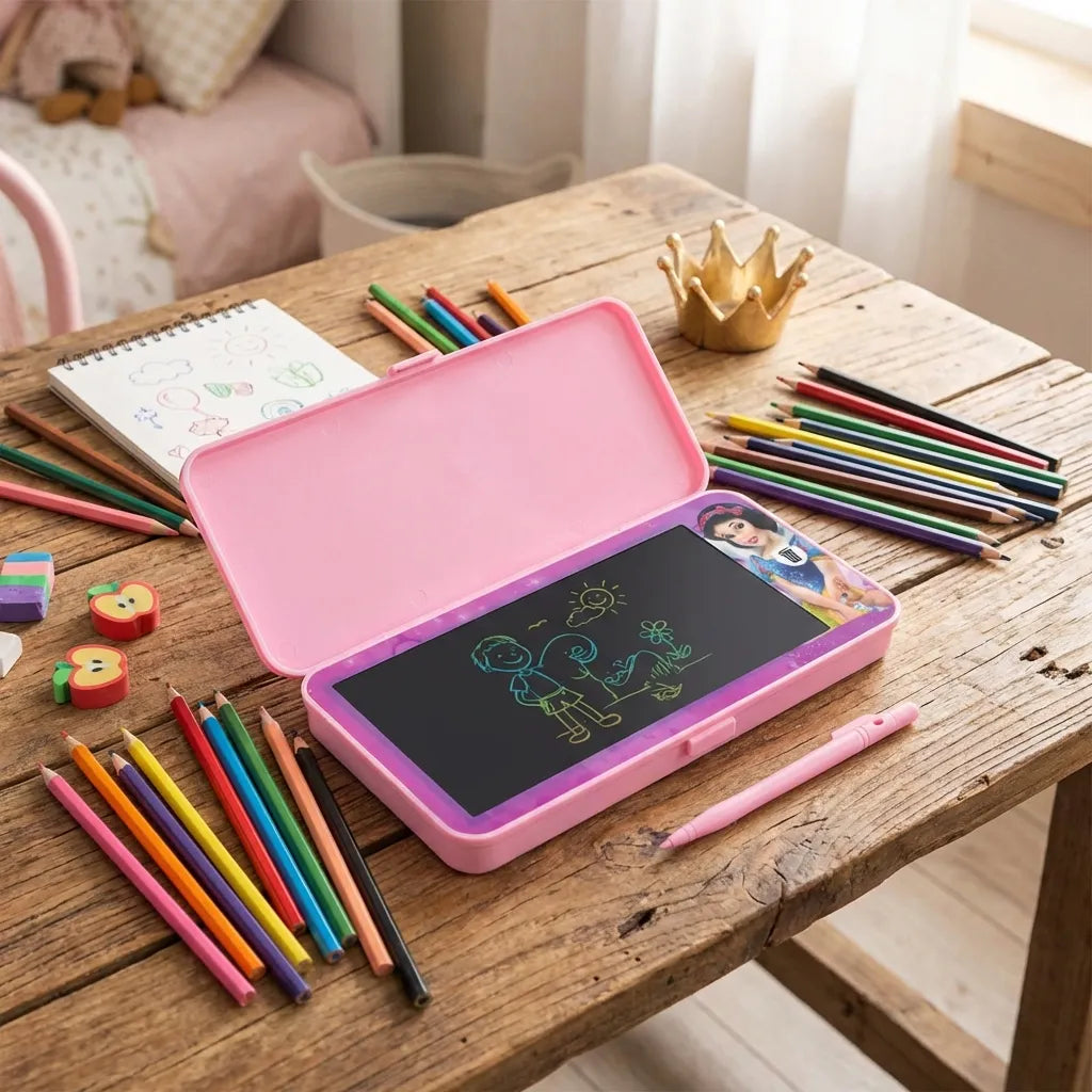 Pink LED drawing pen case open on wooden tabletop, black writing panel with figure drawings