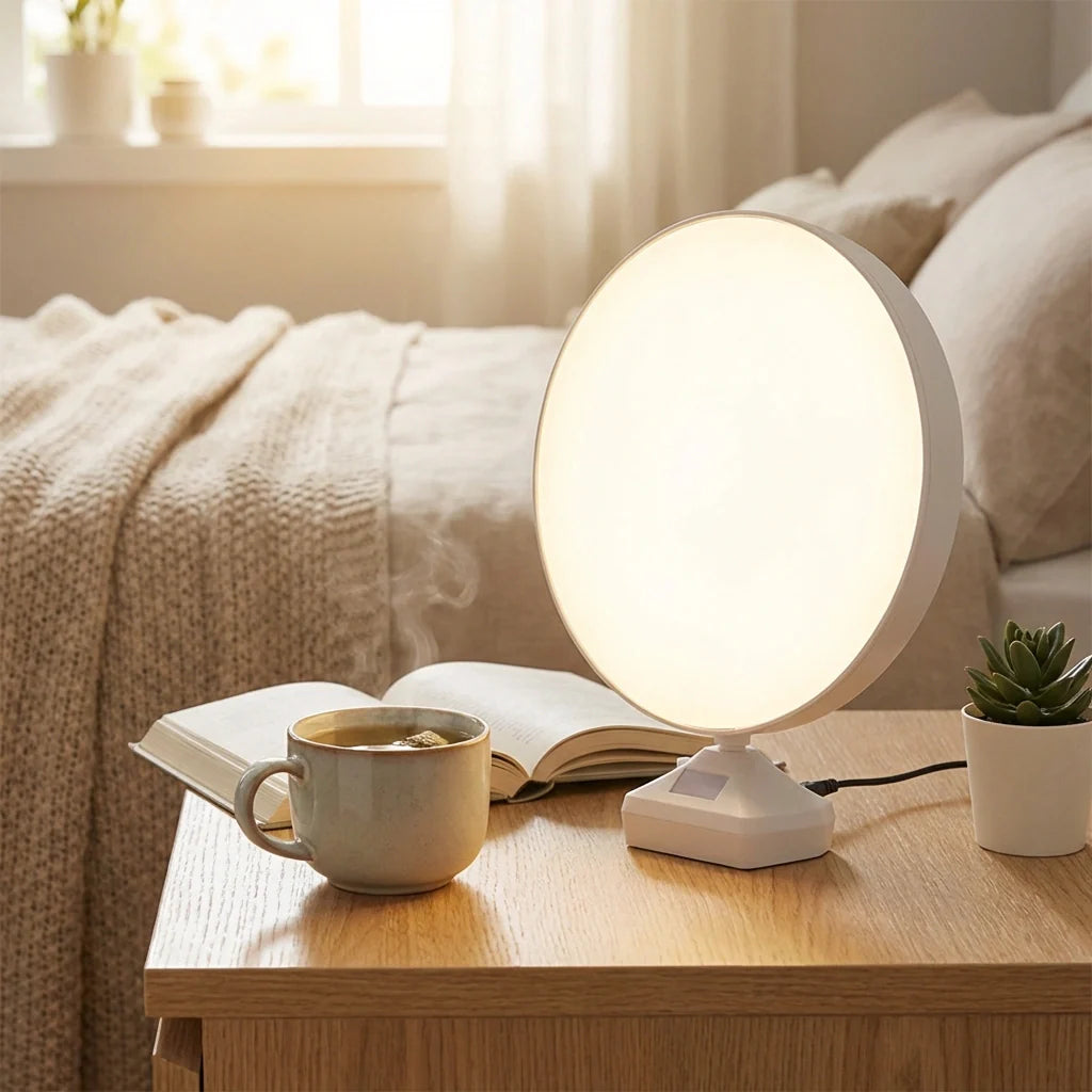 Circular LED magic mirror with illuminated face and tabletop base