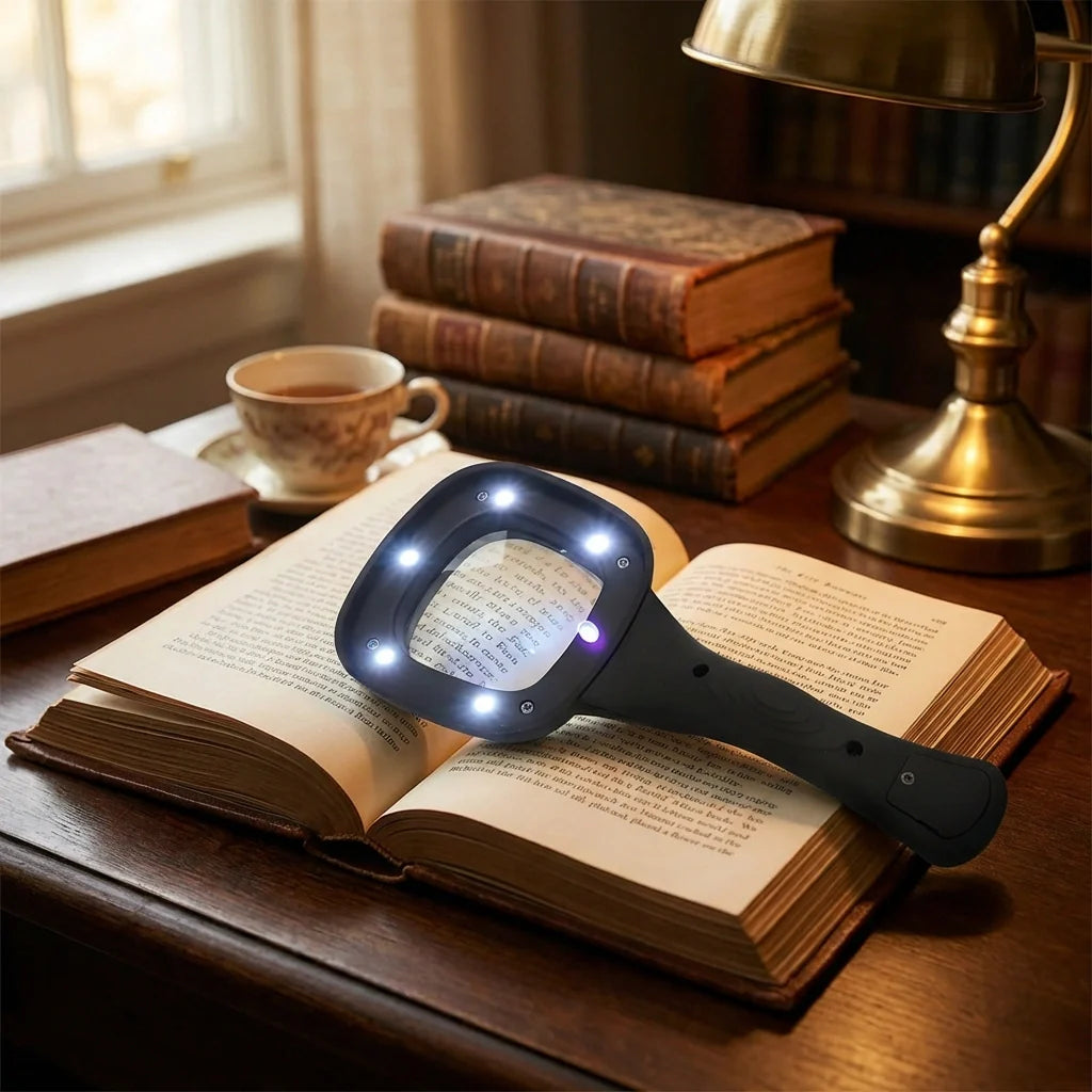 Black LED magnifying glass with glowing ring lens on an open book