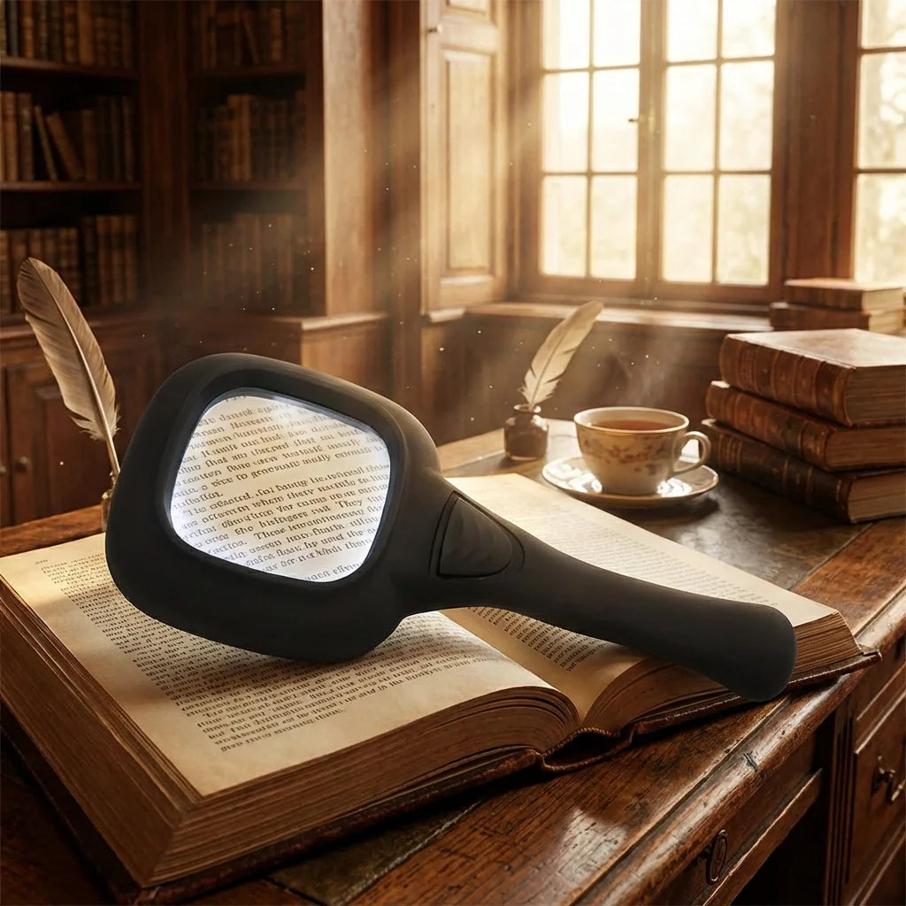 Handheld LED magnifying glass with lit lens over open pages, black handle