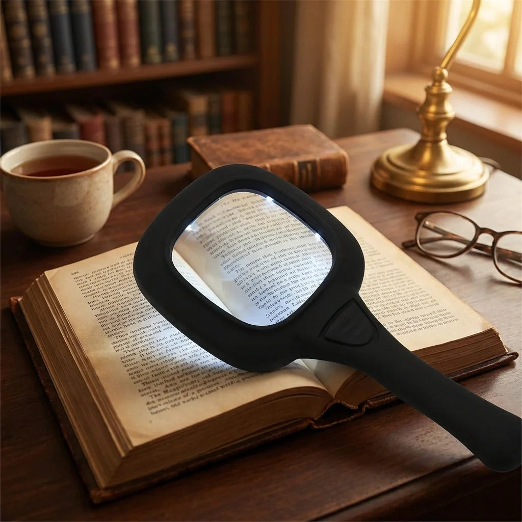 Black LED magnifying glass resting on an open book, illuminated rectangular lens