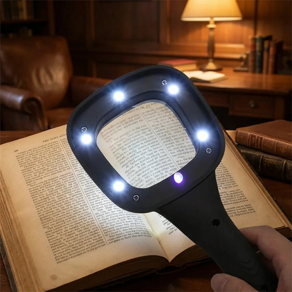 Handheld LED magnifying glass with glowing lights on a black frame
