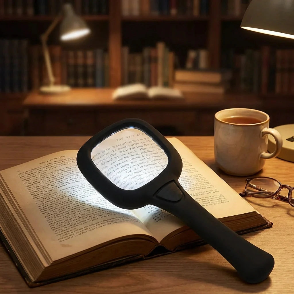 Black handheld LED magnifying glass over an open book, bright illuminated lens